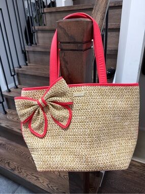Kate Spade Belle Straw Tote with Coral/Pink Trim and Bow